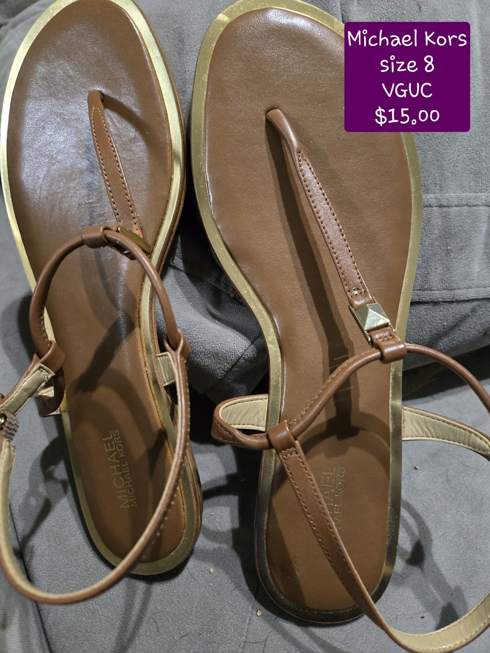 Michael Kors Brown Leather T-Strap Sandals with Gold Trim